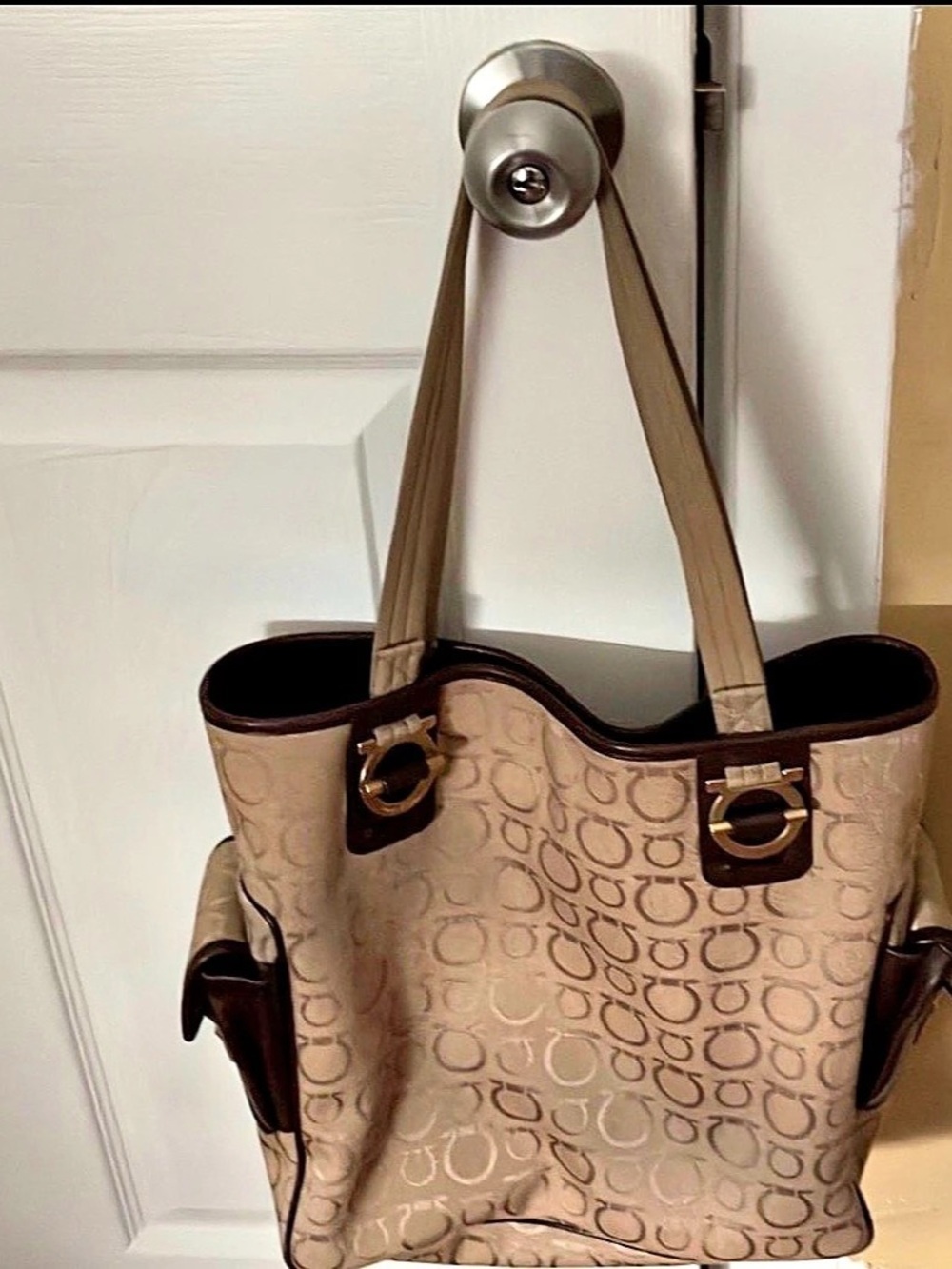 Salvatore Ferragamo Logo Tote in Brown & Beige